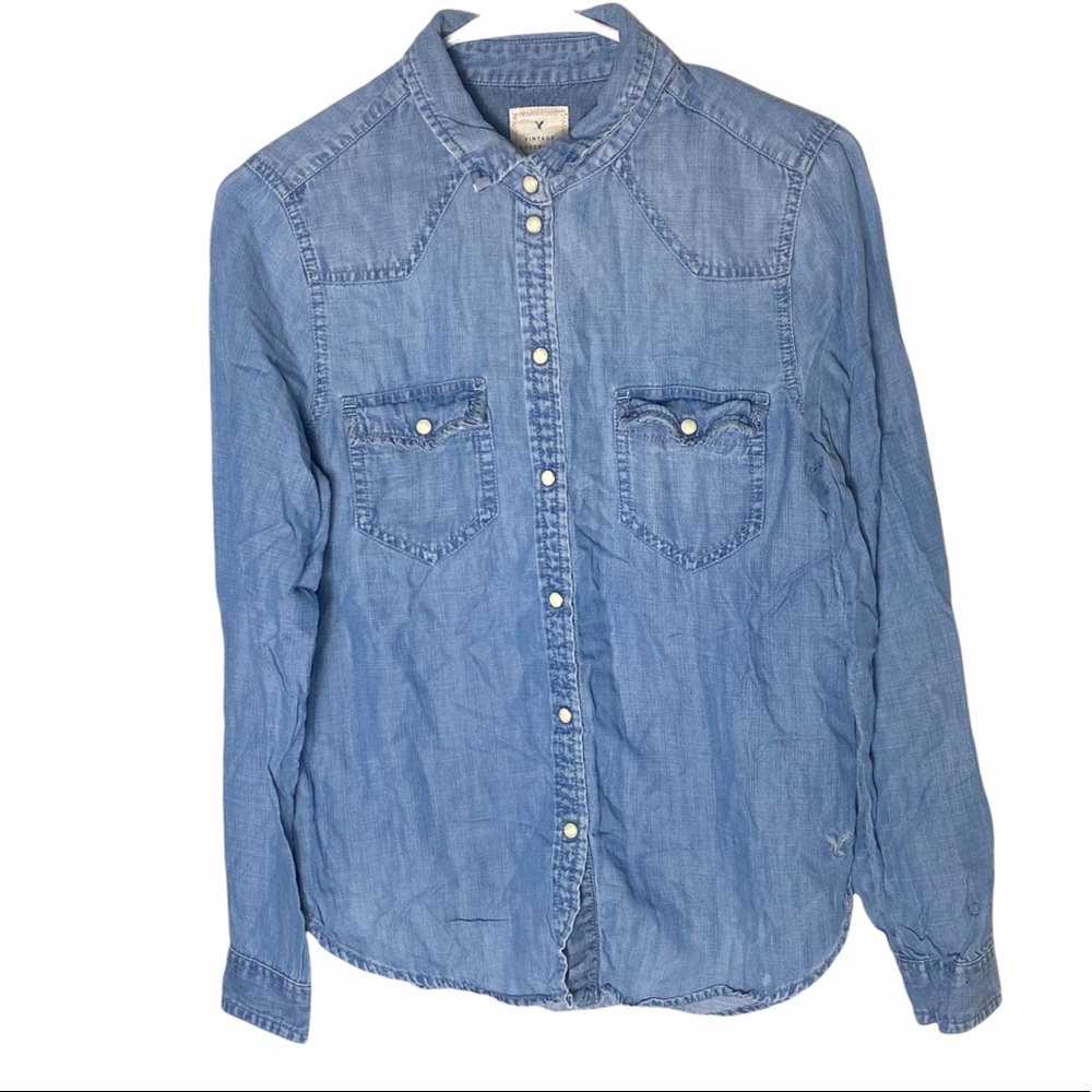 American Eagle Chambray Denim Long Sleeve Top Size Small